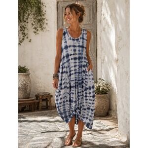 Snapdragon & Twig Blue Tie Dye Cocoon Knot Hem Midi Pocket Dress Lagenlook- M